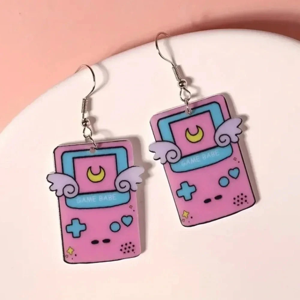 Kawaii Portable Game Console W/ Moon & Angel Wings Hook Dangle Acrylic Earrings